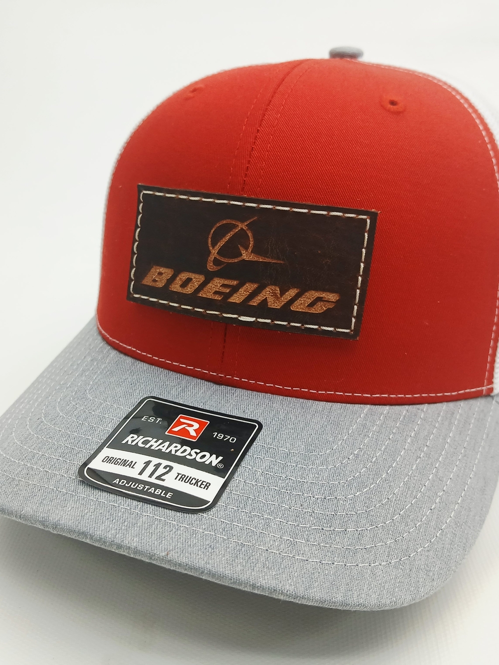 Boeing Leather Patch Trucker Hat - Red and Gray